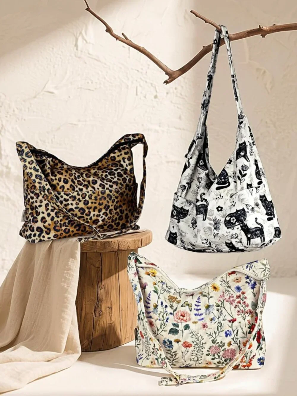 Stylish Large Corduroy Hobo Bag for Women - Slouchy Shoulder Tote with Zipper